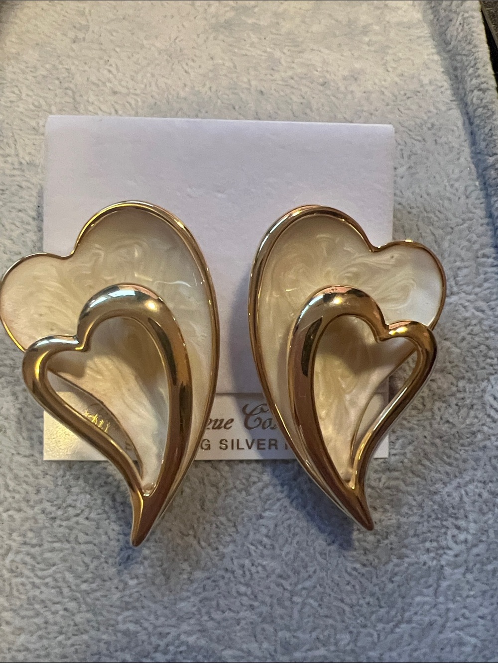 Gold and Cream Double Heart Drop Earrings - Women Jewelry